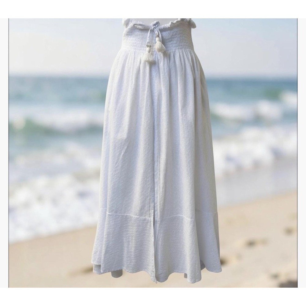 PQ Skirt M/L White Water Lily‎ Carolina Eyelet Midi Tassel Boho Beach Swim Cover